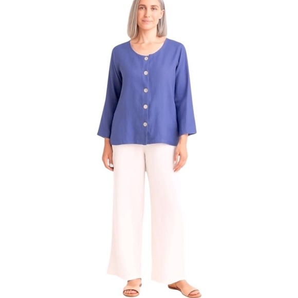 Flax Linen Button Front Jacket Top Periwinkle Blue Size M Relaxed Fit - Picture 10 of 10